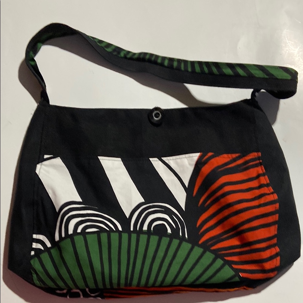 Marimekko Black Green Red White Printed Fabric Hobo Bag